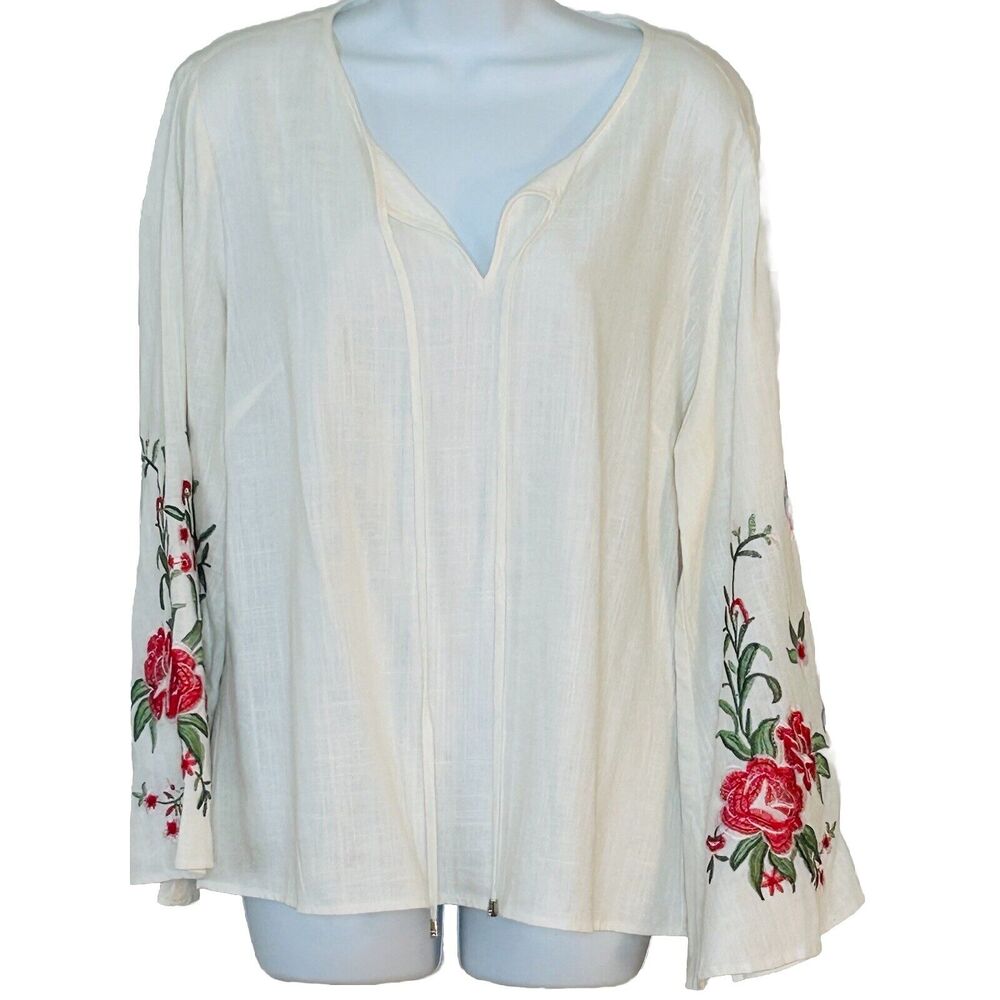 Patrizia Luca Boho Blouse Size L Cream Embroidered Bell Sleeves Linen V Neck